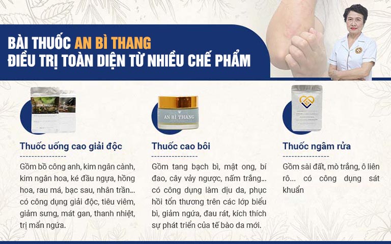 Bài thuốc An Bì Thang trị viêm da tiếp xúc sử dụng kết hợp 3 chế phẩm thuốc uống, thuốc bôi và thuốc rửa với thành phần hoàn toàn từ thảo dược thiên nhiên lành tính