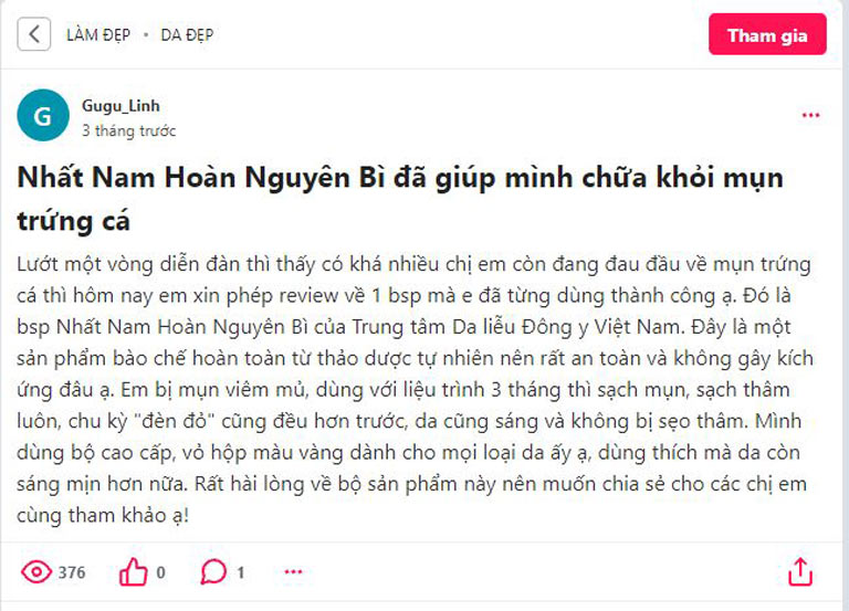 Tài khoản Gugu_Linh cũng đánh giá cao về hiệu quả cũng như độ an toàn của liệu trình trị mụn Nhất Nam Hoàn Nguyên Bì