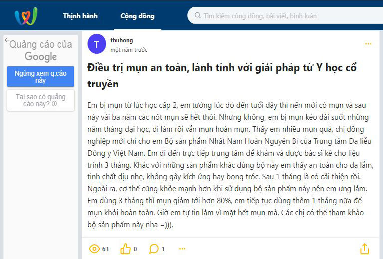 Sau 3 tháng bạn thuhong dùng Nhất nam Hoàn Nguyên Bì đã giảm hơn 80% mụn