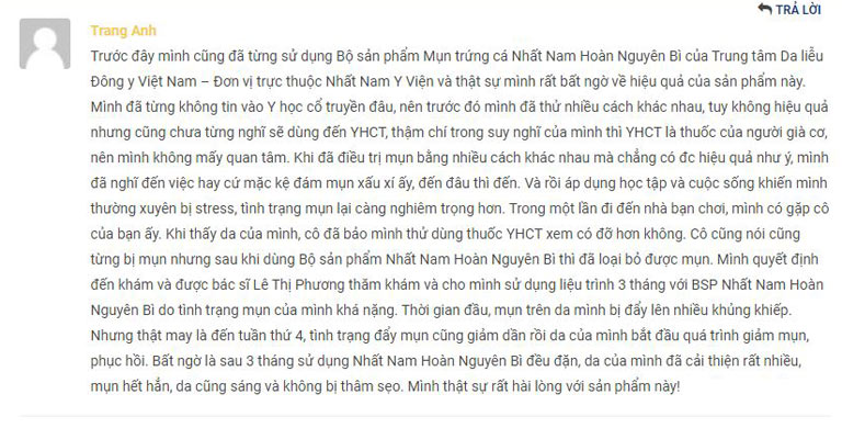 Phản hồi của bạn Trang Anh trên trang chủ của Trung tâm Da liễu Đông y Việt Nam