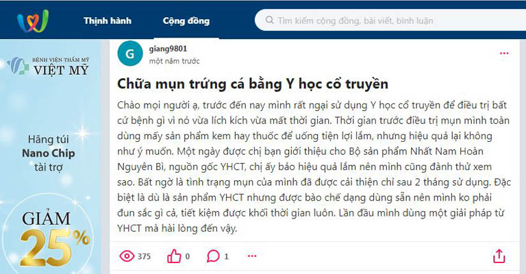 Tài khoản @giang9801 đánh giá cao sự tiện lợi của liệu trình trị mụn Nhất Nam Hoàn Nguyên Bì