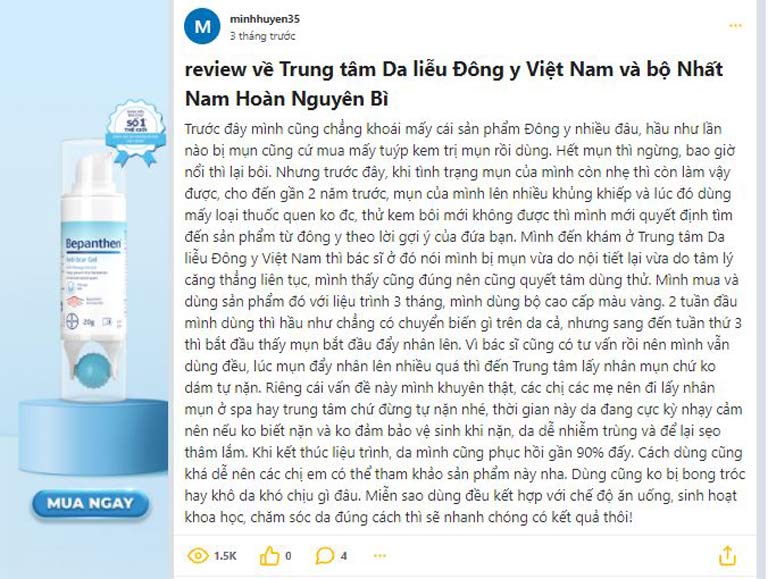 Chia sẻ của tài khoản minhhuyen35 về công dụng của liệu trình trị mụn Nhất Nam Hoàn Nguyên Bì