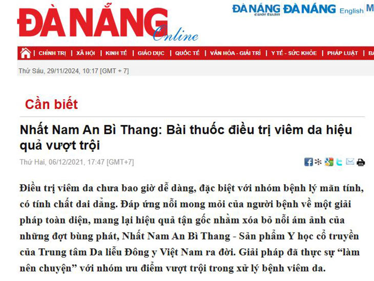 Báo Đà Nẵng đưa tin về bài thuốc Nhất Nam An Bì Thang điều trị viêm da