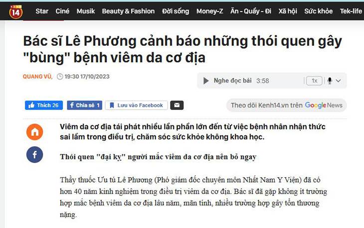 Bác sĩ Lê Phương chia sẻ thông tin về viêm da cơ địa với Kênh 14